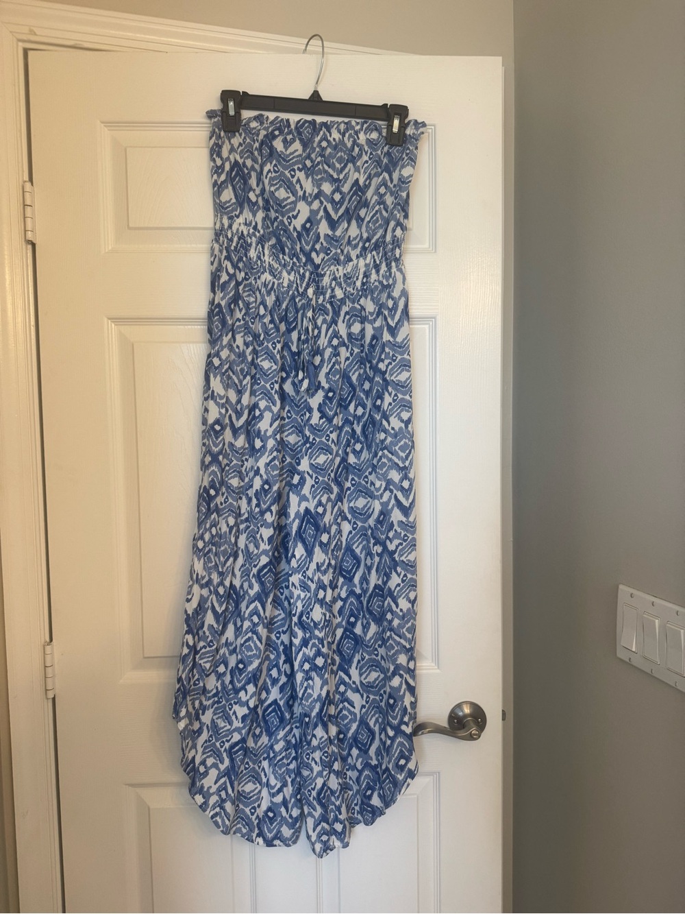 Blue and White Strapless Printed jumper